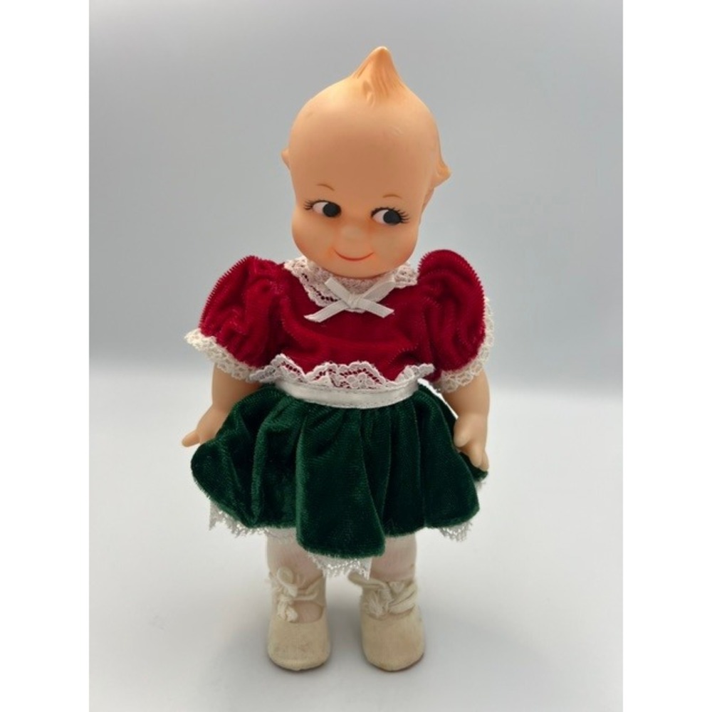Vintage Kewpie Doll 8 Inch Red Green Velvet Holiday Outfit Lace Trim Christmas